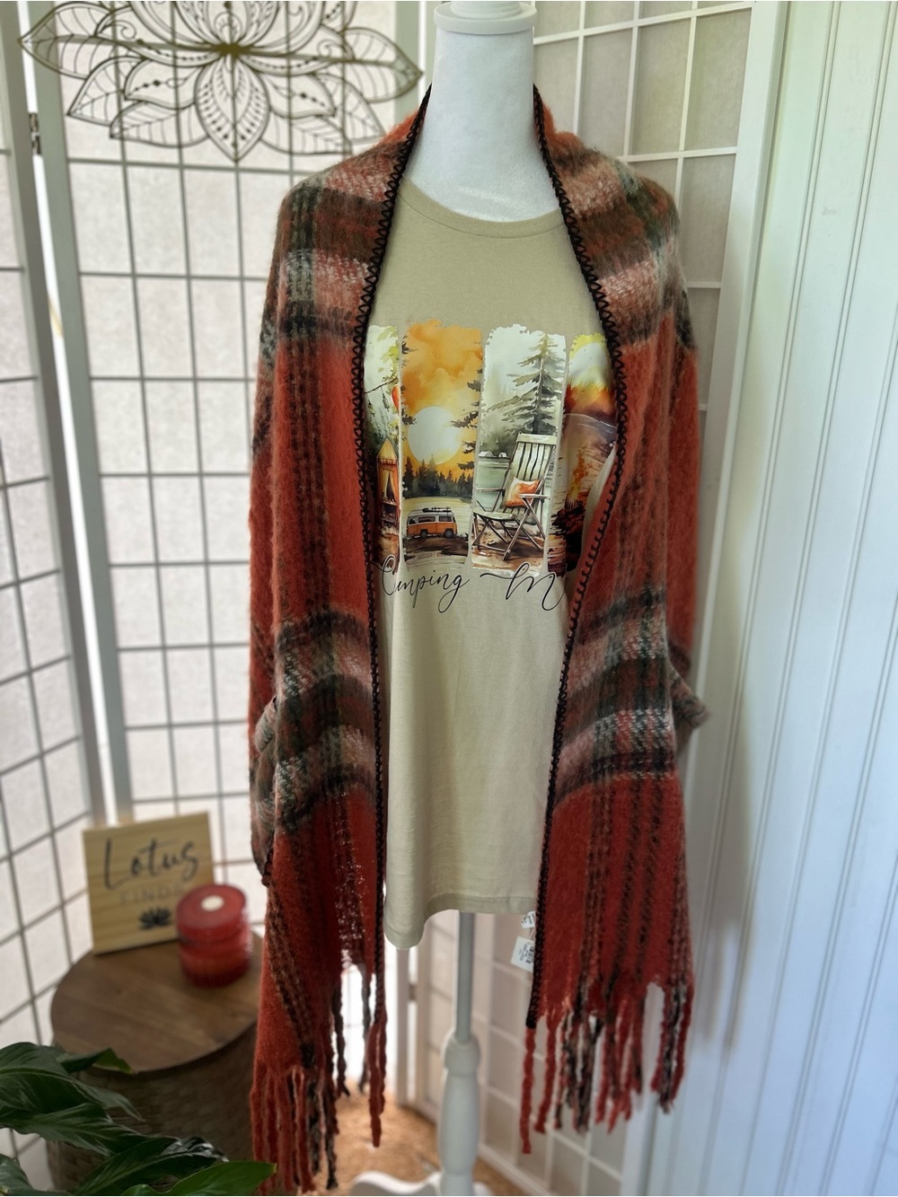NWT 2-Piece Fall Camping Tee, Plaid Wrap & Maple Leaf Clasp Bundle